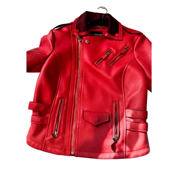 EXPRESS RED COLOR BLOCK MINUS THE Faux LEATHER MOTO JACKET COAT OUTERWEAR SMALL - Picture 8 of 9